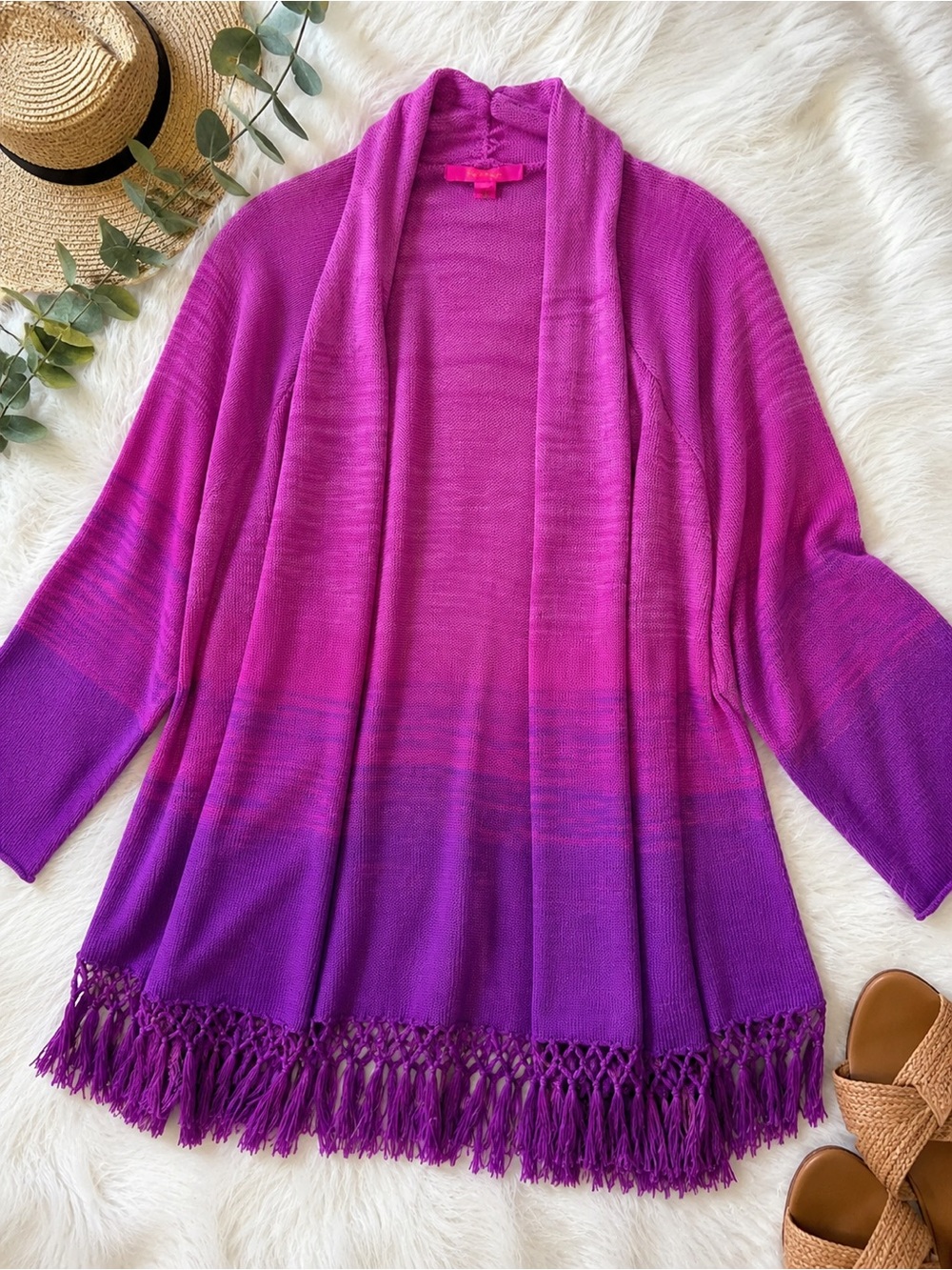 💜💗NWT Lilly Pulitzer Tatum Ombre Cardigan Orchid Oasis Marled Ombre Fringe Large